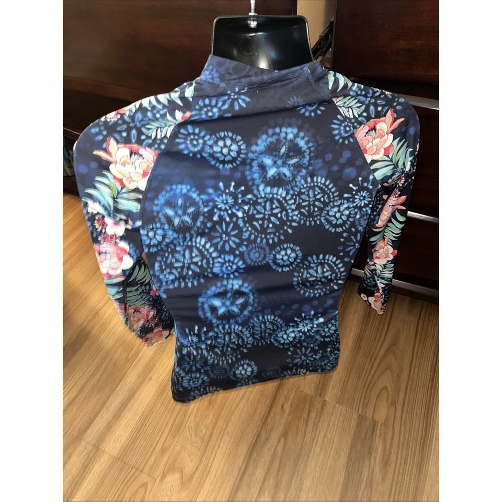 Johnny Was California Womens Large Rash Guard Print 1/2 Zip Up Swim Top Surf Sun